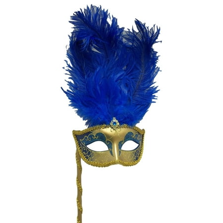 Gold Venetian Feather Mask - Dark Blue Gold Stick Venetian Masquerade Mardi Gras Feather Mask