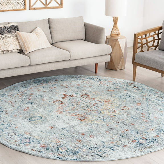 Bliss Rugs Vintage Traditional Oriental Round Rug for Living Room, Dining Room | Silver, 7'10''Round