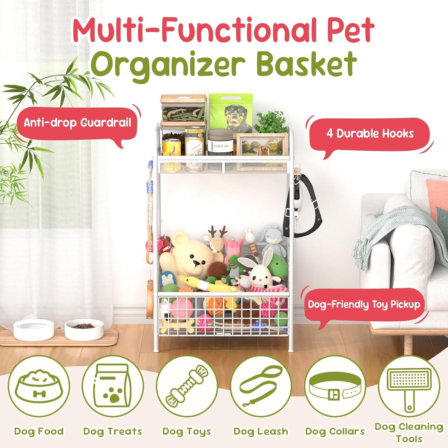 Indestructible Medium Dog Toy Basket - Rust Resistant Metal Wire Storage Organizer for Toys Food and Treats with Hooks