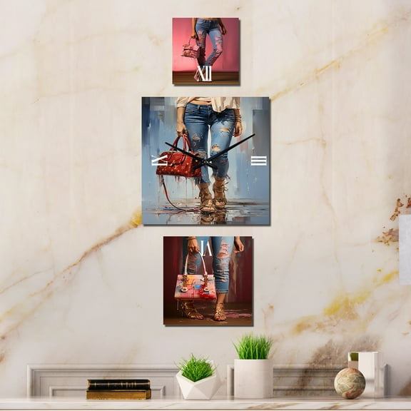 Designart "Stylishly Worn and Torn" Fashion Oversized Wall Clock - Set Of 3 - Extra large Glam Clock For Office Décor - Large Vertical Clock