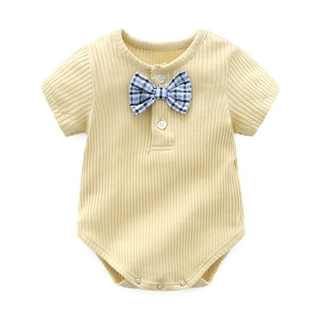

Toddler Baby Girls Climbing Clothes Unisex Solid Spring Summer Ribbed Short Sleeve Bow Tie Romper Bodysuit Clothes For 6-9 Months
