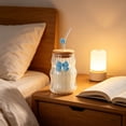 thumbnail image 6 of Glass Tumbler with Lid and Straw 15.22 fl oz, Blue Bow Decor Ribbed Drinking Cup for Coffee Tea Juice Home Office, 6 of 6