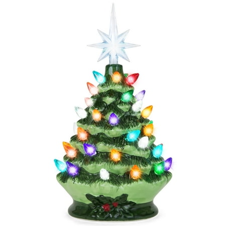 Best Choice Products 9.5in Ceramic Pre-Lit Hand-Painted Tabletop Christmas Tree Holiday Decor with Multicolored Lights, 3 Star Toppers,