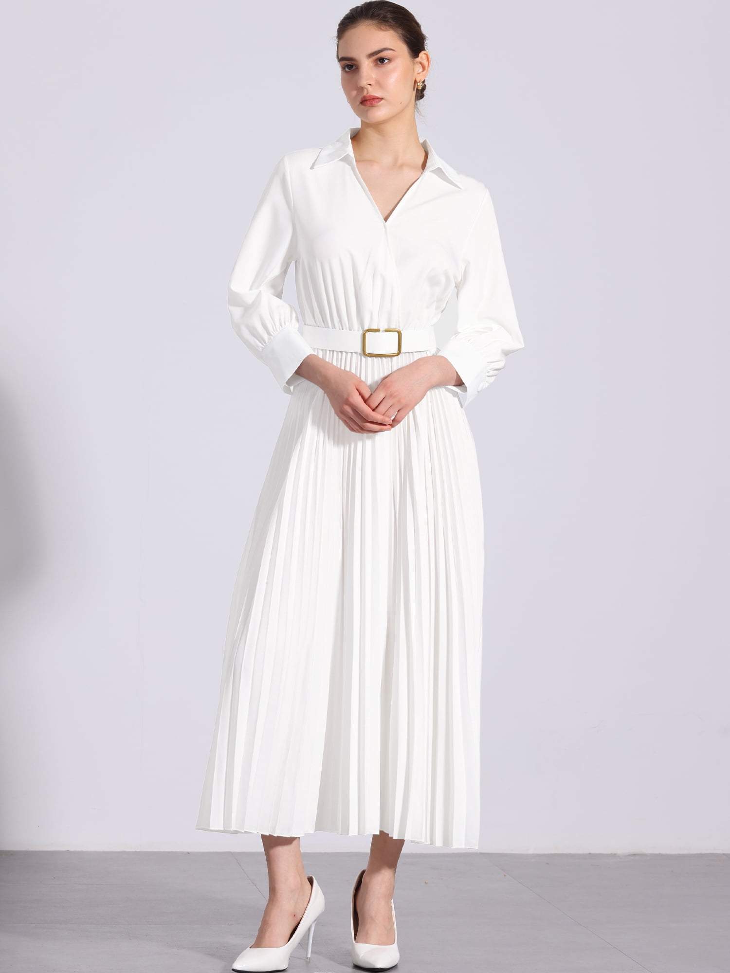 DARING DIVA 3/4 Sleeves Collar V Neck Dress XS White