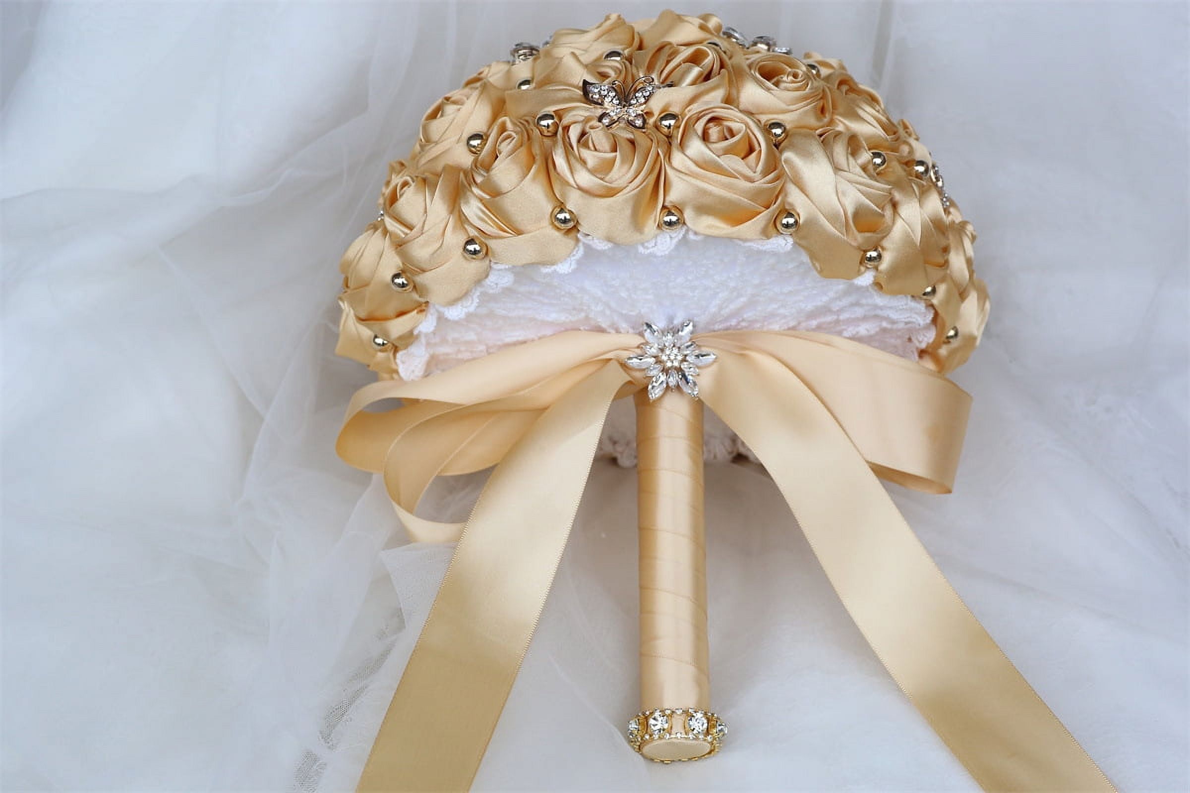 Nvzi -b Bridal Holding Wedding Bouquet Bridesmaid Satin Rose Artificial Pearls Satin Ribbons Wedding Floral Bouquet,Dark Blue-A