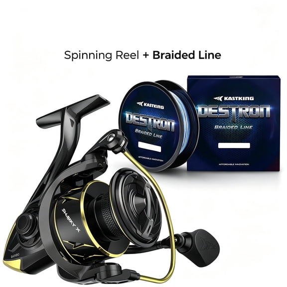 KastKing Sharky X 2000 Spinning Reel Destron Braided Fishing Line – 39.5LB Carbon Drag, 10 1 Bearings, Braid-Ready Spool, Zero Memory Fishing Line, Saltwater Rated Combo