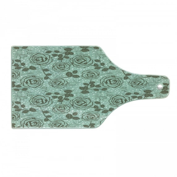 Floral Cutting Board, Romantic Season Inspirations with Roses Birds on Tree Branches Summer Design, Tempered Glass Cutting and Serving Board, Wine Bottle Shape, Seafoam Sage Green, by Ambesonne