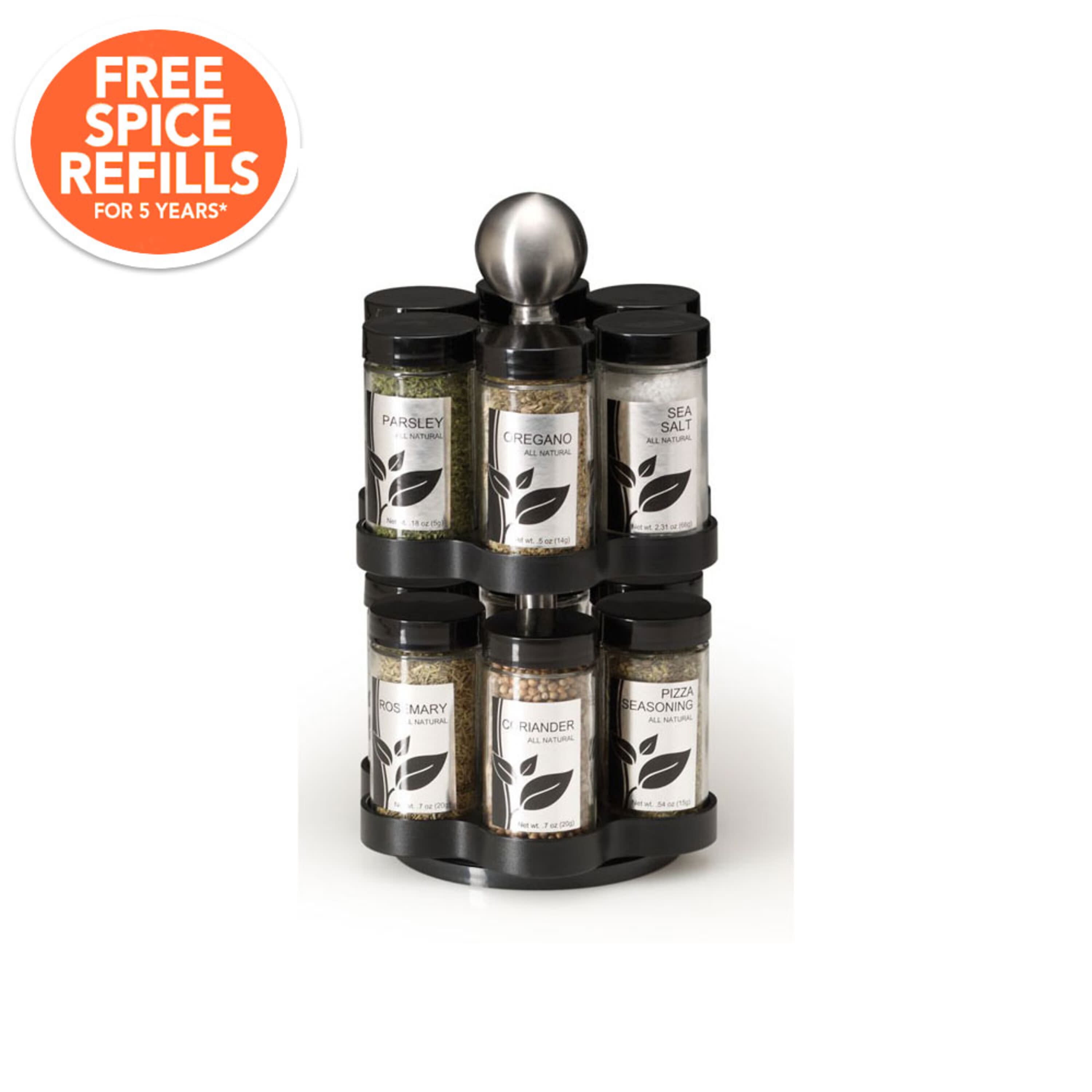 Kamenstein 15 Jar Lincoln Countertop Spice Rack with Spices Included, FREE  Spice Refills for 5 Years, Chrome with Black Caps , 9.5 x 5.8 x 9
