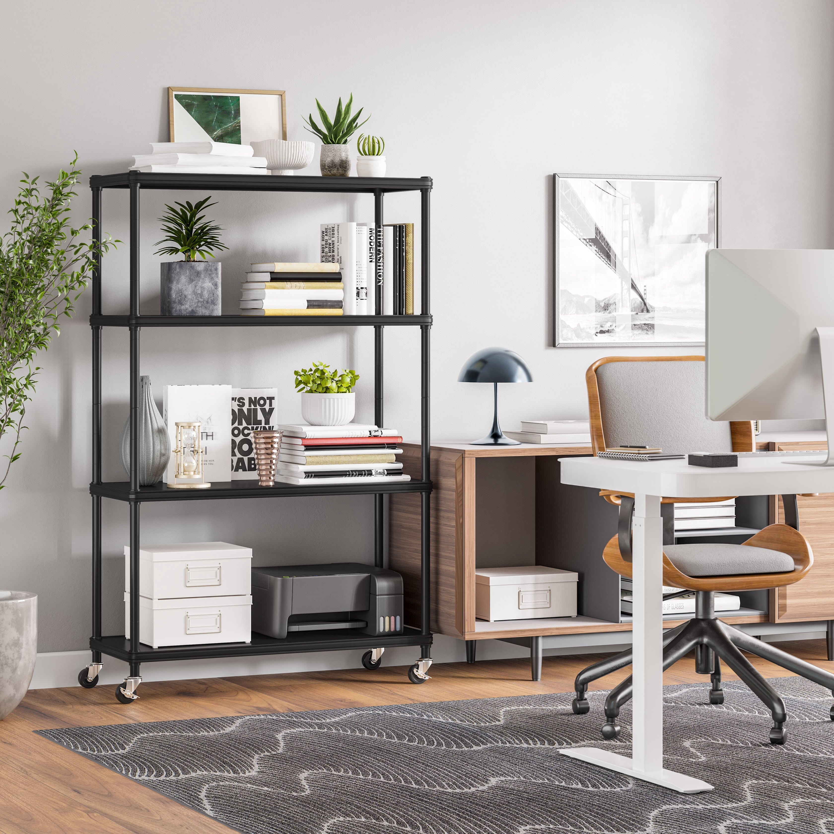 Seville Classics HOME 4-Tier Steel Wire Shelving with Wheels, 36" W x 14" D x 56.5" H, Black