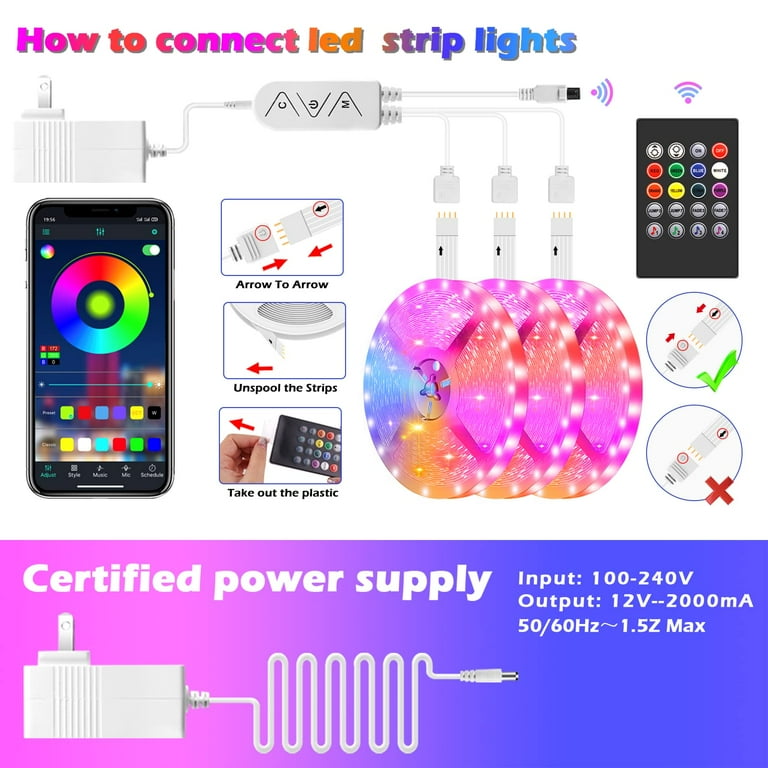 100ft Led Strip Lights,Long Smart Led Light Strips Music Sync 5050 RGB  Color Changing Rope Lights,Bluetooth APP/IR Remote/Switch Box Control Led