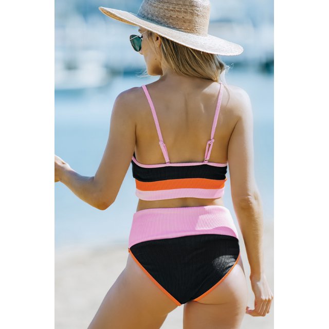 ABPHQTO Bañador de talle alto acanalado con bloques de colores y tirantes finos negros para mujer