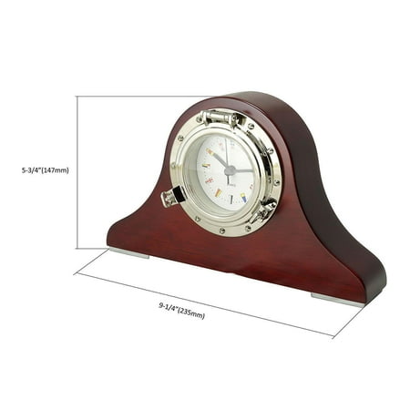 Golden Porthole Desk Clock W Solid Wooden Base Quartz
