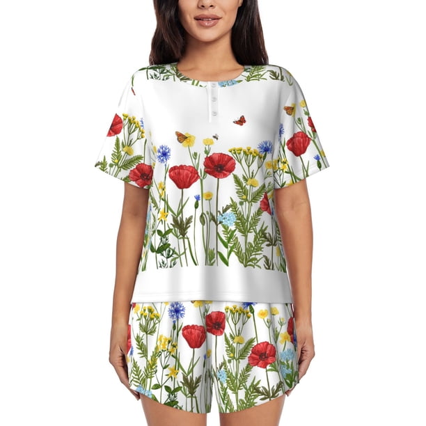 Balery Wild Herbs Conjunto de Pijama para Mujer con Estampado, Dos Piezas de Manga Corta y Shorts, Ropa de Dormir Suave con Cuello Redondo y Bolsillos-X-Large