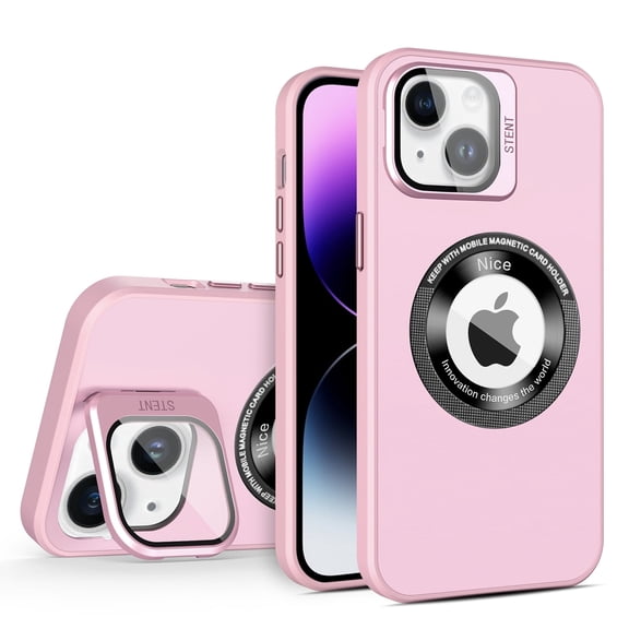 for iPhone 14 Magnetic Case with Camera Lens Protector Kickstand [Compatible with MagSafe] Drop Protection Slim Fit Cover for Women Men Shockproof Logo View Phone Case,Pink