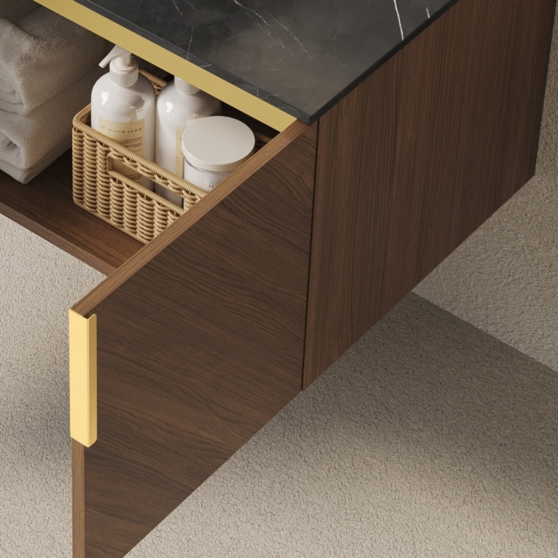 Noble House Arai 60" Bathroom Vanity with Sintered Stone Countertop, Wooden Storage Cabinet, Gold Handles, Brown Oak