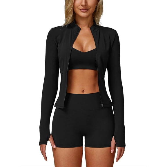 PISONIC 3 Piece Workout Sets for Women Zipper Long Sleeve Jacket Y Back Sports Bra High Waist Shorts Yoga Gym Sets