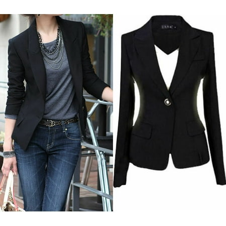Black Cotton Blazer - Fashion Casual Slim Solid Suit Blazer Coat Jacket Outwear Women Black Size S
