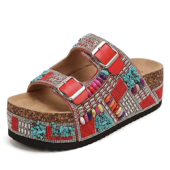 SACFOF Women's Summer Fashion Thick Sole Sandals Bohemian Style Platform Slides Strappy Metal Buckle Rhinestone Studs Decorated Height Increasing Beach Shoes Boho Style Slides Clogs Cork Footbed