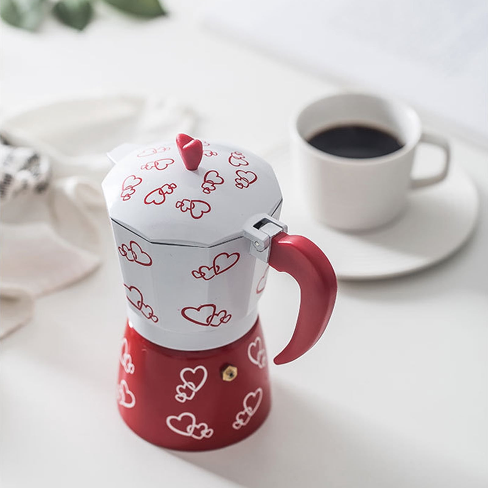 Techinal Red Heart Print Coffee Maker Aluminum Alloy Moka Pot