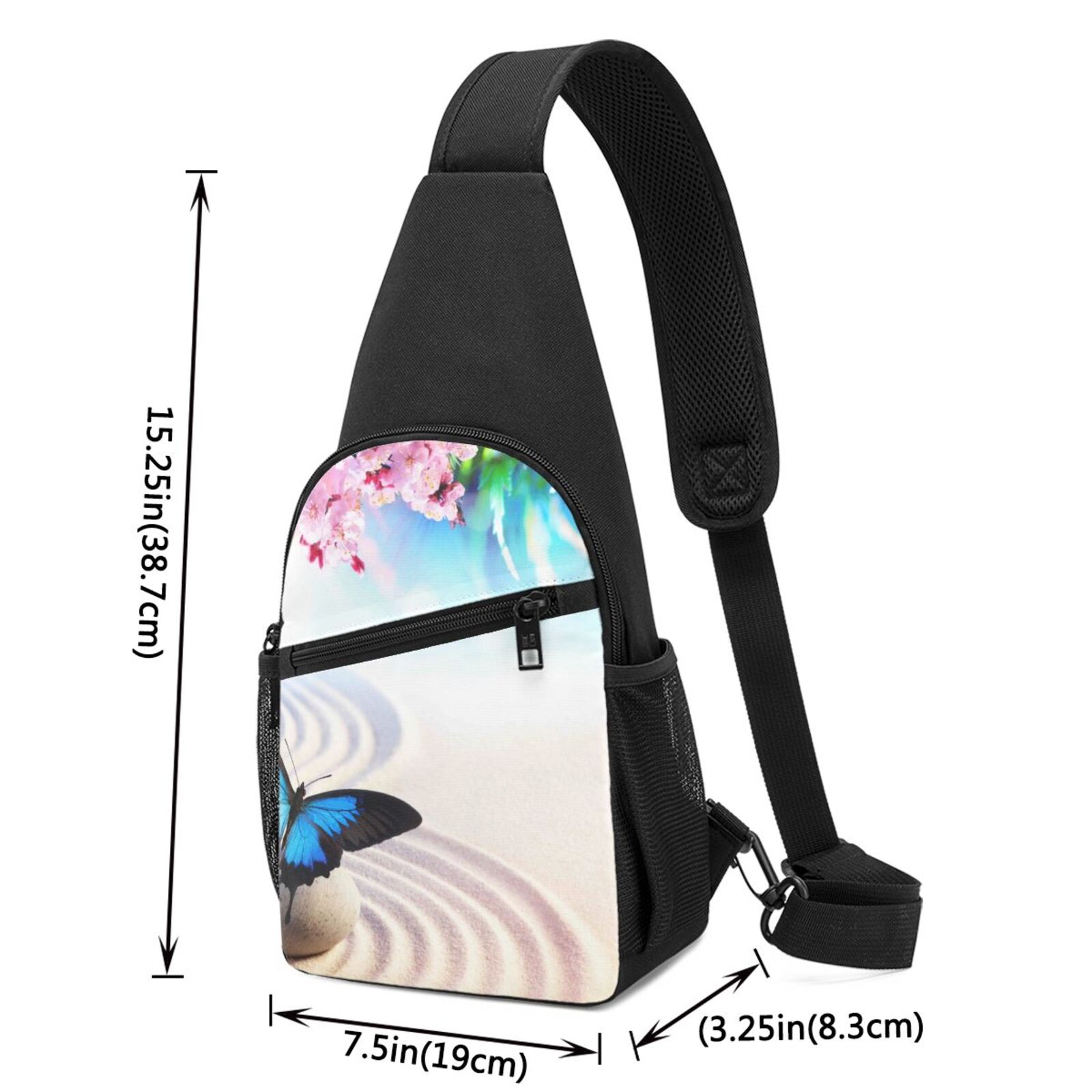 Xecao's Butterfly In Blossoms Zen Print Sling Bag: A Versatile Chest, Shoulder, and Crossbody Backpack for Casual Days Out, Perfect for Both Men and Women
