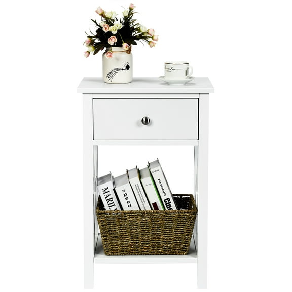 Topbuy X-Design Side End Table Multifunctional Nightstand with Drawer & Shelf White