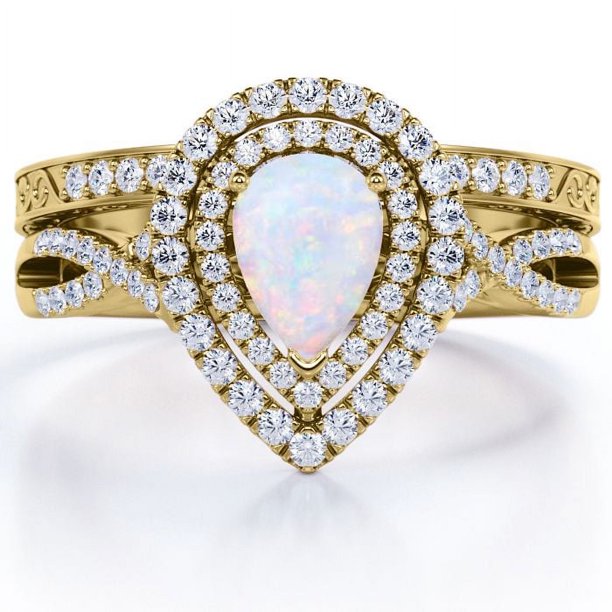 JeenMata Anillo de Bodas de Filigrana Cruzada con Ópalo de Fuego en Forma de Pera y Moissanita de 1,75 Quilates - Engaste de Doble Halo Pavé - Chapado en Oro Amarillo de 18 K sobre Plata