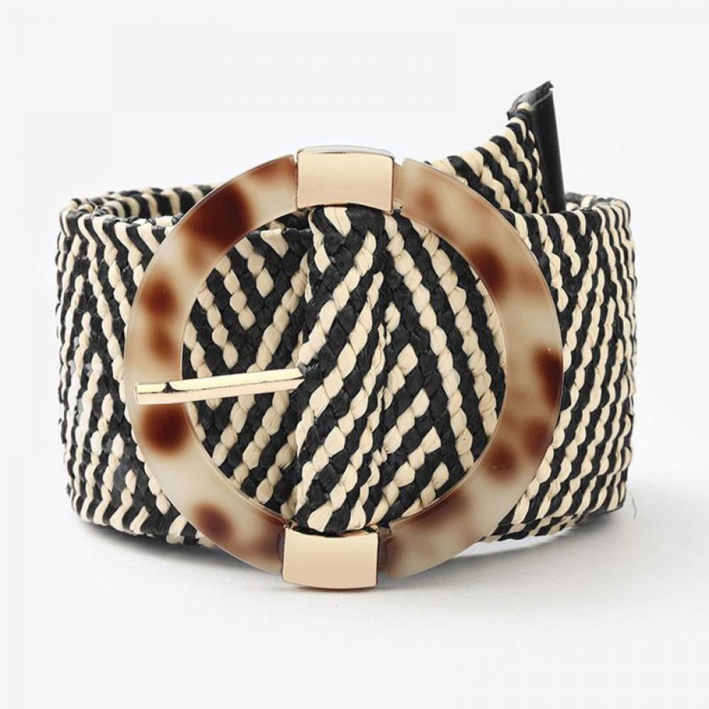 Women Straw Woven Elastic Stretch Waist Belt Skinny Dress Braided Waist