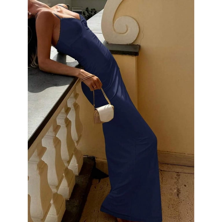 navy bodycon maxi dress Blue Solid Lace Trim Womens Spaghetti Strap Slim Fit Stretch Cami Evening Party Dress wedding gift Quinceanera Damas Dresses | Dress's Color:60#-Dark pink At the waist