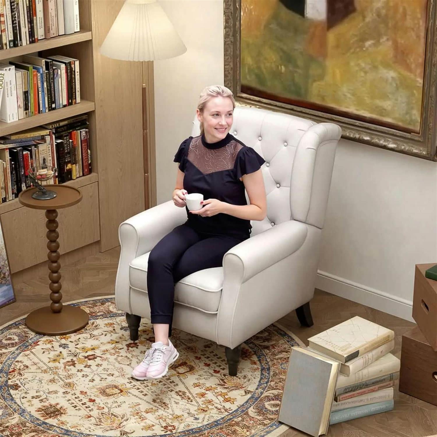 Demi Bonn 40" Modern Upholstered Armchair with High Back Button Tufted, Mid-Century Retro Wood Leg Chair for Living Room, Bedroom, White