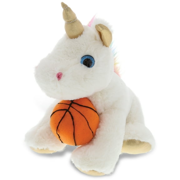 DolliBu White and Gold Unicorn Stuffed Animal with Basketball Plush - Soft Plush Huggable Unicorn, Playtime Plush Toy, Cute Fantasy Plush Gift, Basketball Plush Animal Toy for Kids, Adults - 11.5 Inch
