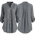 thumbnail image 3 of Koszal Office Lady Solid Color V Neck Lace Stitching Buttons Down Plus Size Shirt Top, 3 of 7