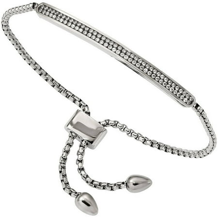 Primal Steel Stainless Steel Polished with 2 Row CZ Bar Friendship/Bolo Adjustable Bracelet