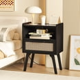 thumbnail image 3 of LEYAOYAO Nightstand with USB Ports, Woven Rattan Bedside Table with 1 Drawer and Lift-Up Legs, for Boho Bedroom, Black New, 3 of 7
