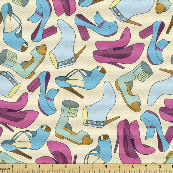 Ambesonne Fashion Fabric by the Yard Upholstery, Woman Shoes Feminine Doodle, 3 Yards, Multicolor