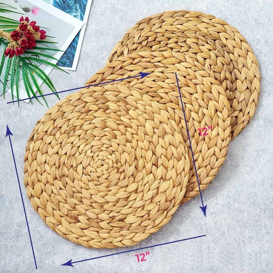 VASGOR 12" Woven Placemats Round Set of 10, Natural Water Hyacinth Weave Placemat for Dining Table, Large Handmade Woven Placemats Heat Resistant Non-Slip