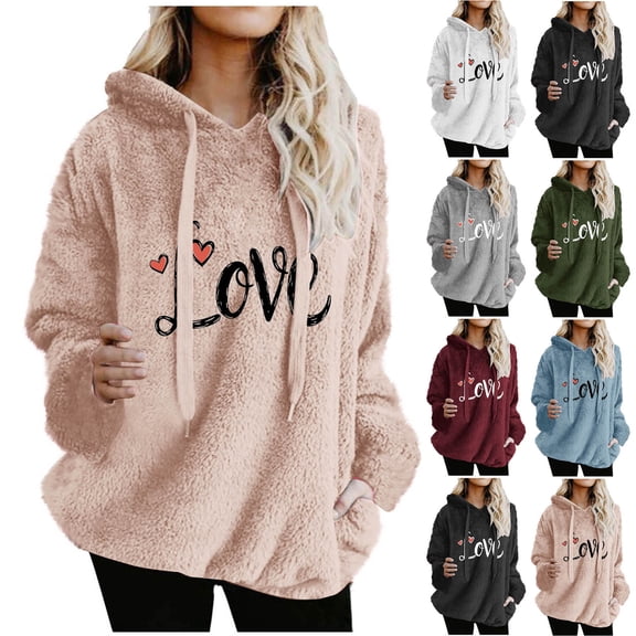 Aboser Womens Fuzzy Sherpa Pullover Hoodies Fluffy Fleece Sweatshirt Cute Love Printed Tops Winter 2026 Warm Plush Hoodie Drawstring Long Sleeve Loungewear with Pockets
