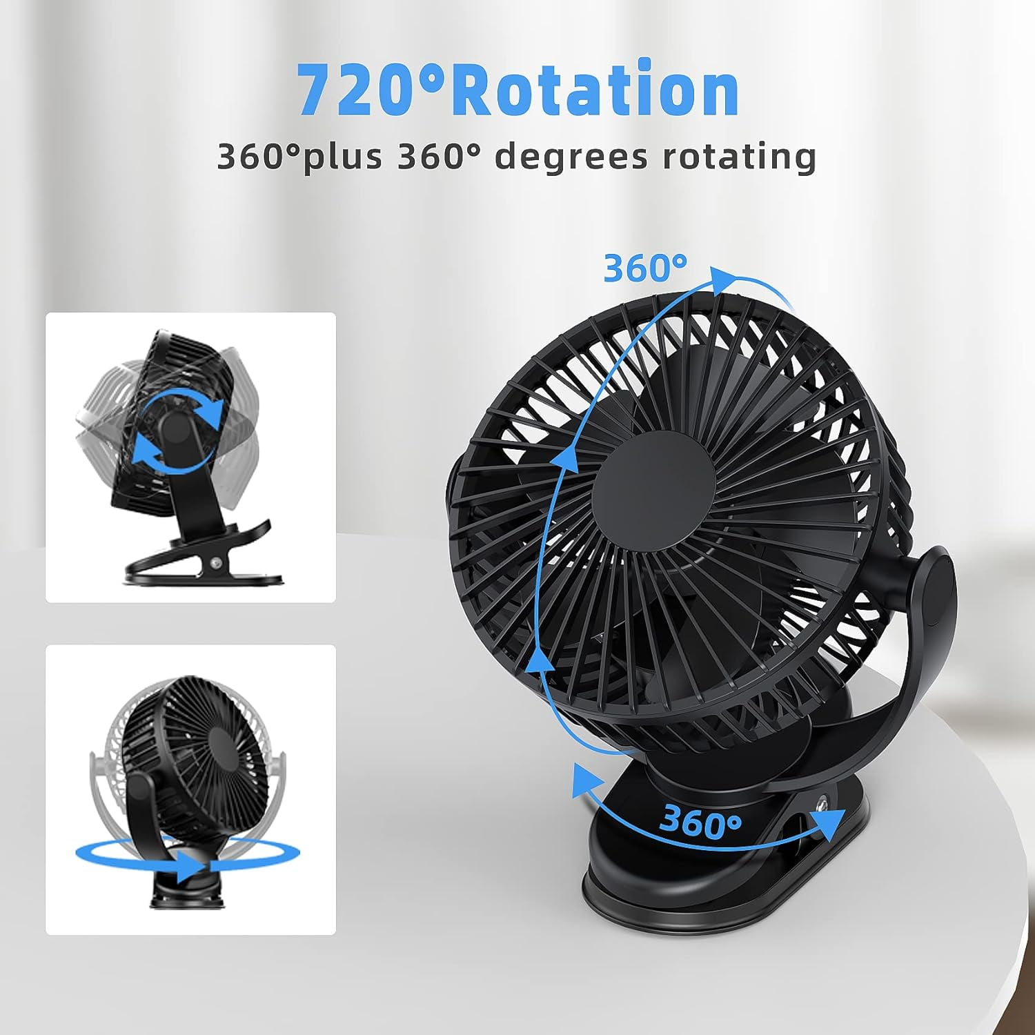 Clip-on Portable Desk Fan, 3 Speeds Adjustable Cooling Fan, 5000mAh Rechargeable Battery with 720° Rotation, Sturdy Clamp Fan for Car, Treadmill, Home and Camping