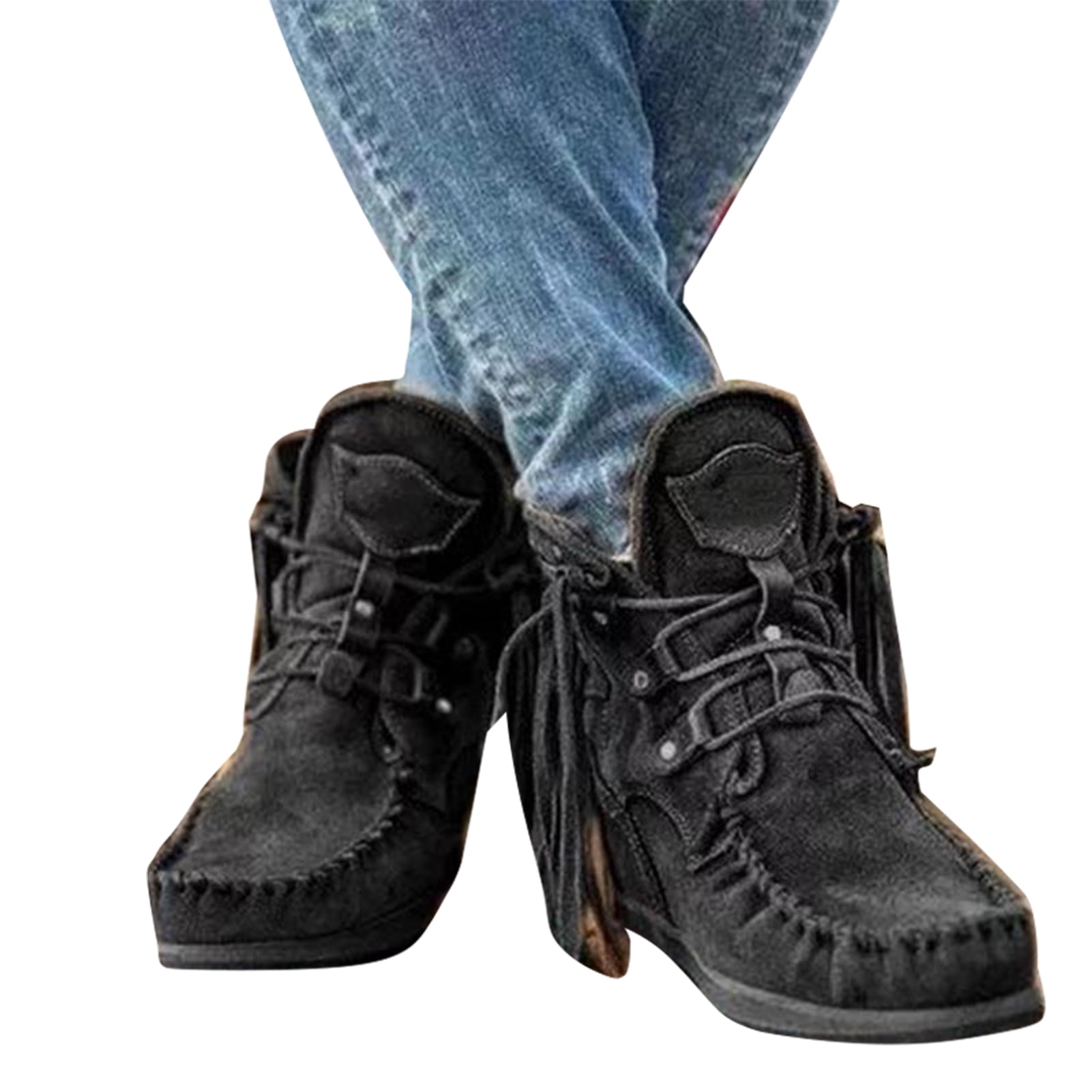 Black suede ankle boots with tassels hot sale