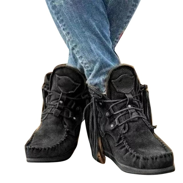 CAROOTU Nouvelles Bottines Rétro en Daim pour Femmes Chaussures de Luxe Mates avec Frange