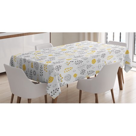 Contemporary Rectangular Flowers Modern Tablecloth, Nature Wild Forest Leaves Flowers Trees Buds Sketchy Contemporary Art Print , Rectangular Table Cover for Dining Room Kitchen, 52 X 70 Inches, Grey Mustard White, by Ambesonne ()