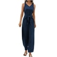 thumbnail image 6 of Lenpel Jumpsuits for Women Summer Casual Sleeveless V Neck Tie Front Pleated Wide Leg Rompers Beach Vacation Outfits, 6 of 7