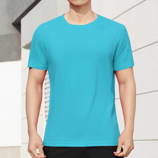 pstuiky Camisas de manga corta para hombre, Blusa deportiva informal de color liso con cuello redondo y manga corta elástica para hombre ropa de hombre xxl