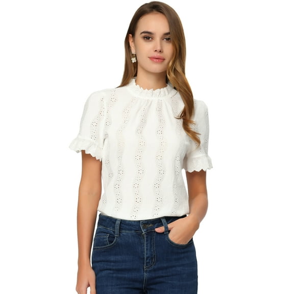 DARING DIVA Ruffle Puff Short Sleeve Crochet Eyelet Blouse XS White