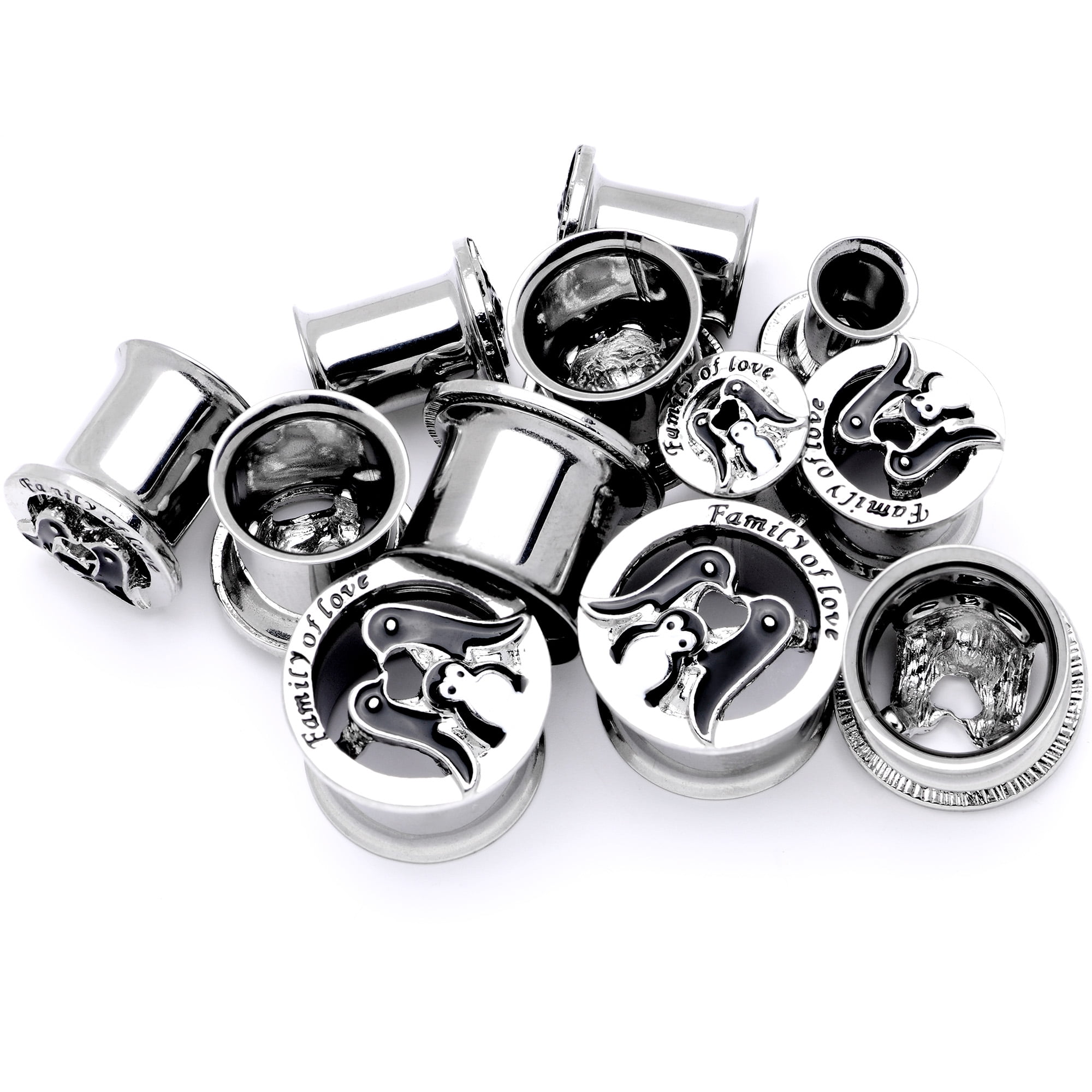 Body Candy Women 0 Gauge 2PC Steel Double Flare Tunnel Plug Set Family of Love Penguin Ear Plug Gauges 8mm