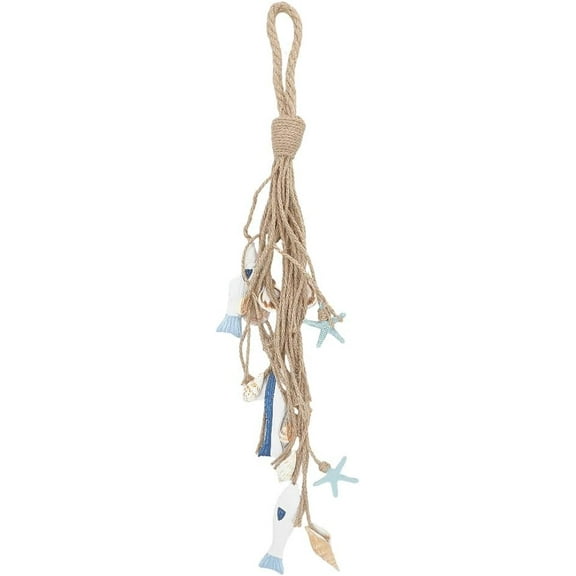 26 Inch Jute Rope Fish Home Wall Decor Layered Hanging Sculpture Cream Shell Starfish Accents Blue Summer Mediterranean Farmhouse Ocean Beach Pendant Decorations for Party Home Ornaments