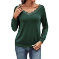 thumbnail image 3 of V Neck T Shirts for Women Lace Long Sleeve Cute Tops Fall Winter Dressy Casual Blouses Trendy Tees Dark Green L, 3 of 9