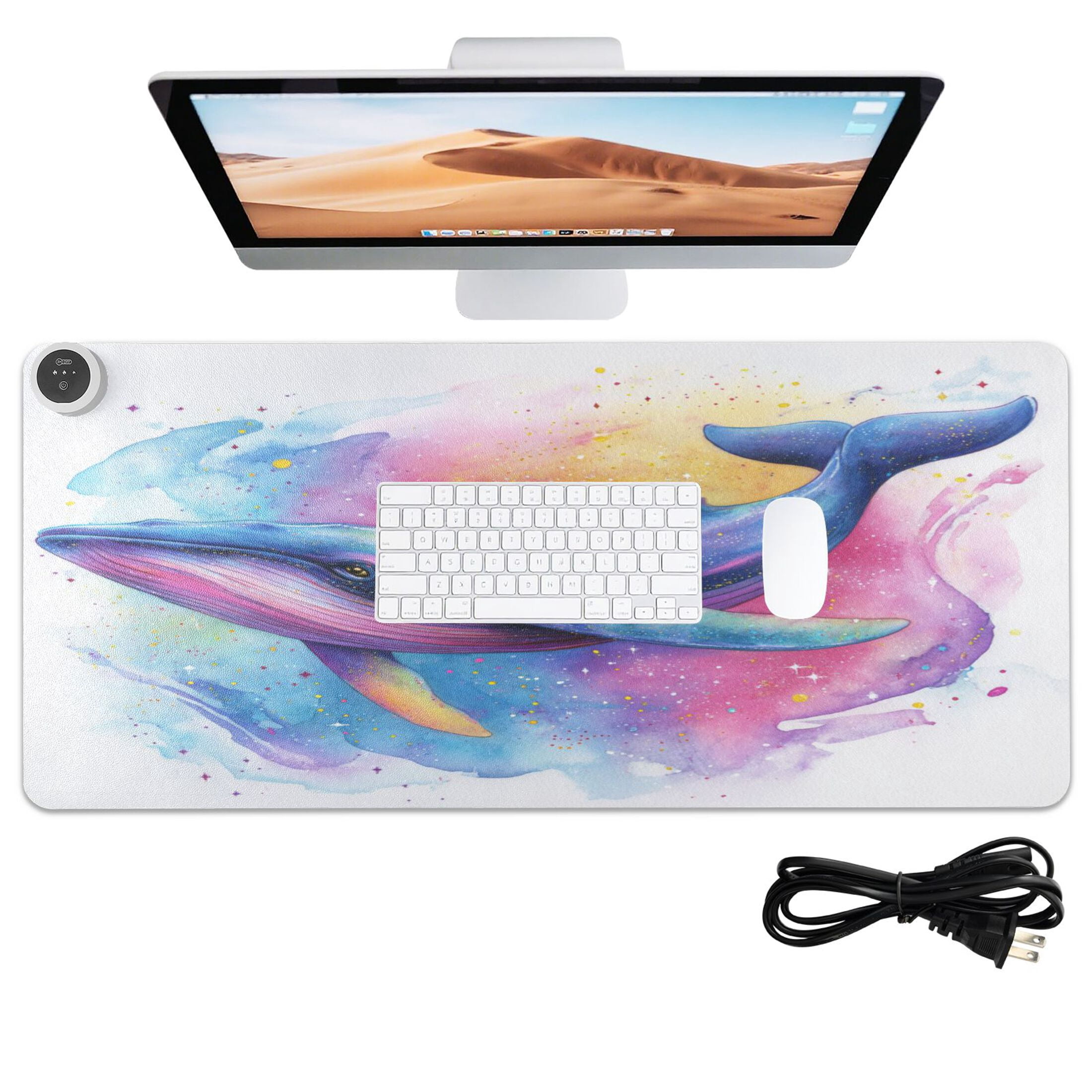 Large Heated Desk Mat Mouse Pad 31.5"x13"PU Leather Graphene Heating Desk Warmer with 3 Temperature Settings 110V US Plug Non-Slip Warm Pad for Home, Office, and Gaming Pastel Galaxy Whale Pattern