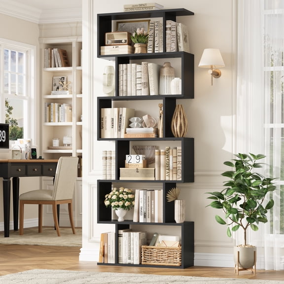 Homfa Geometric Bookcase Wooden Wood S Shape Storage Display Unit Bookcase Bookshelf 6-tier Storage, 75" H x 27.6" W, Black