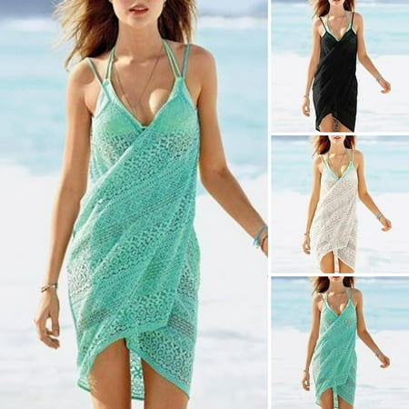 V-neck Sling Sleeveless Backless Lace-up Beach Dress See Through Hollow Out Knitting Bikini Cover Up Beachwear