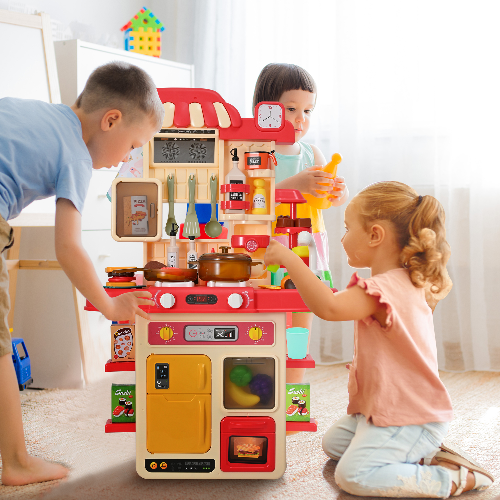 Kitchen Playset, 48Pcs 28Inch Pretend Play Food Toys Kitchen Set for Boys and Girls, Kitchen Toys with Realistic Lights&Sounds, Simulation of Spray and Play Sink,  with Toddler